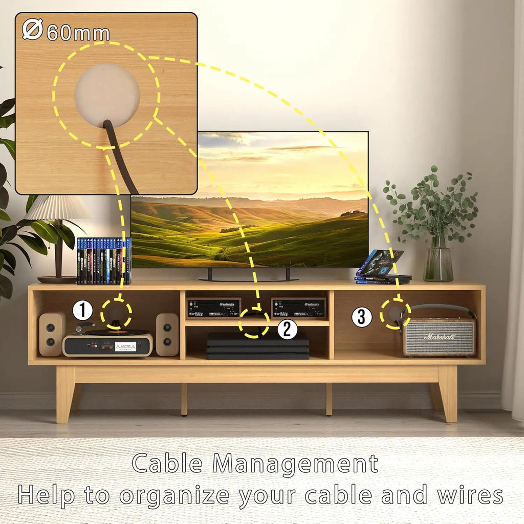 Boho TV Stand for 55/ 65" Inch TV, Rattan Entertainment Center with Shelves, Cabinets and Sliding Doors, TV Media Console Table