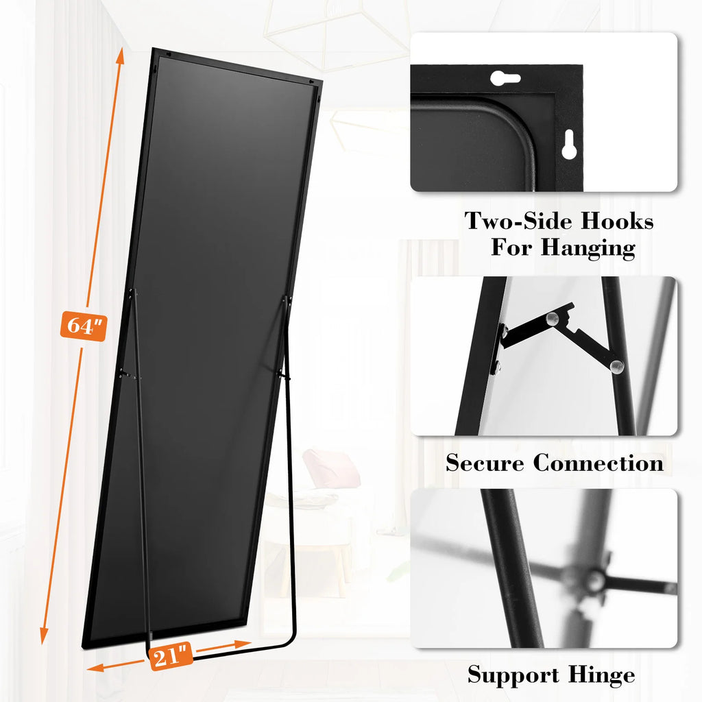64"x21" Full Body Wall Mirror Standing, Hanging, or Leaning Wall-Mounted Mirrors with Stand Aluminum Alloy Frame/ Living Room