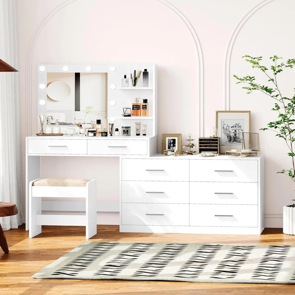 65-inch Vanity Desk with Luminated Mirror and 8-Drawer Storage Makeup Table