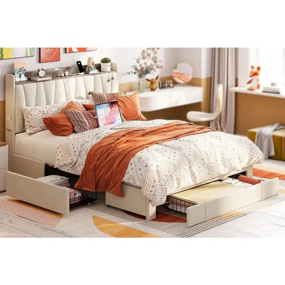 Full Size Bed Frame with 3 Drawers, Upholstered Platform Bed with Storage Headboard and Charging Station, No Box Spring