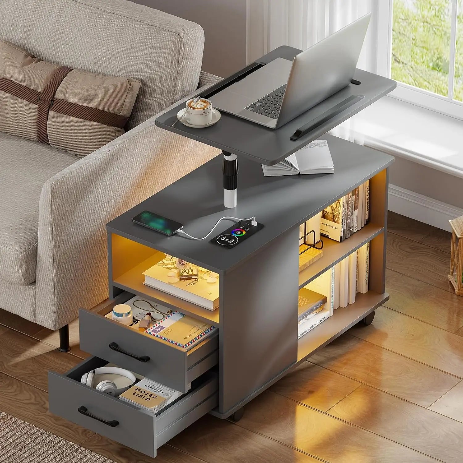 Nightstand with Charging Station, Bedside Table with LED Lights, Smart Side End Tabel Has Adjustable Rotary Table