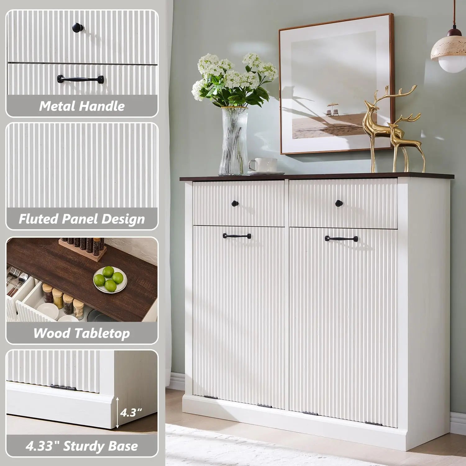 20 Gallon Fluted Laundry Hamper Cabinet w/2 Drawers, Wooden Hidden Garbage Can Cabinets with Storage Basket,White