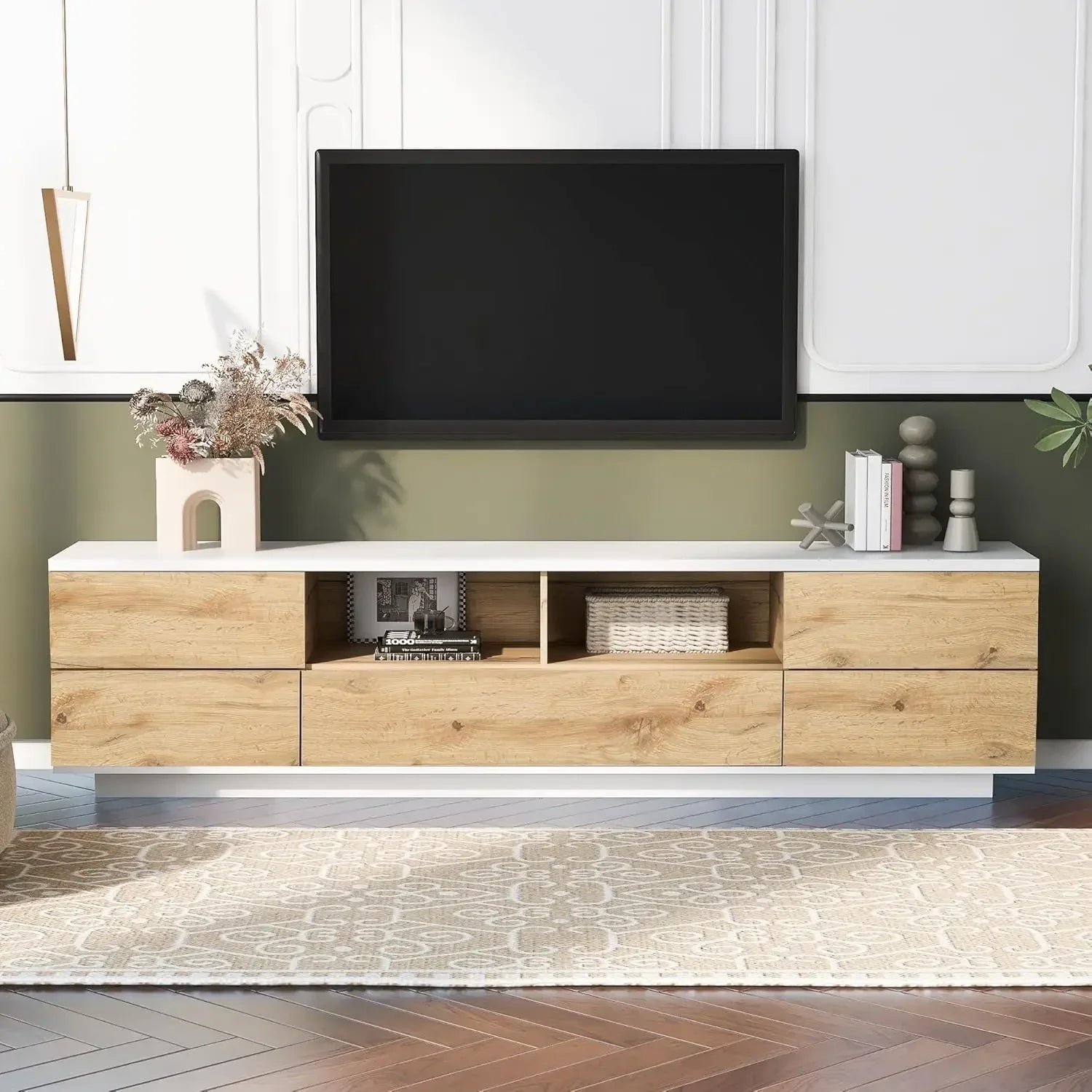 Modern Wood TV Stand w/ Cabinets & Open Shelves, Entertainment Center for All TVs