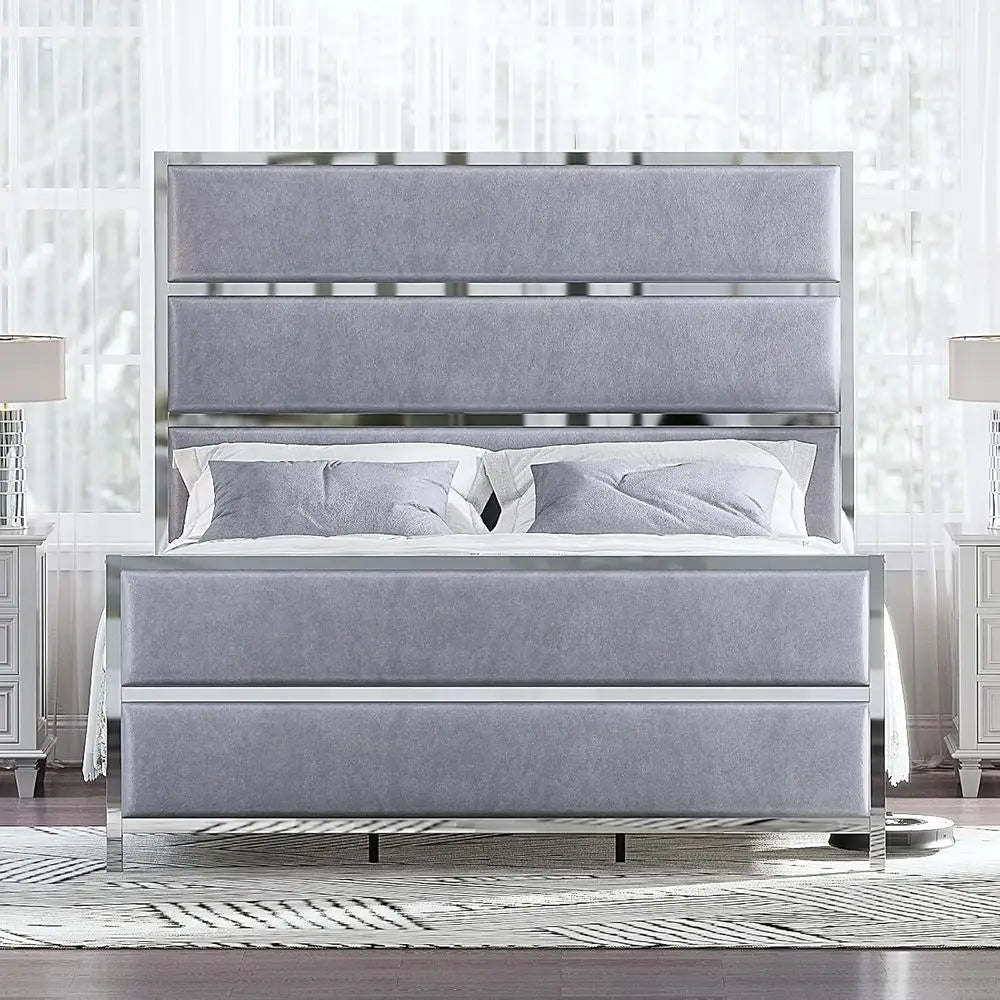 King-Size Velvet Bed Frame with Silver Trim, Channel Tufted Platform Bed, No Box Spring Needed