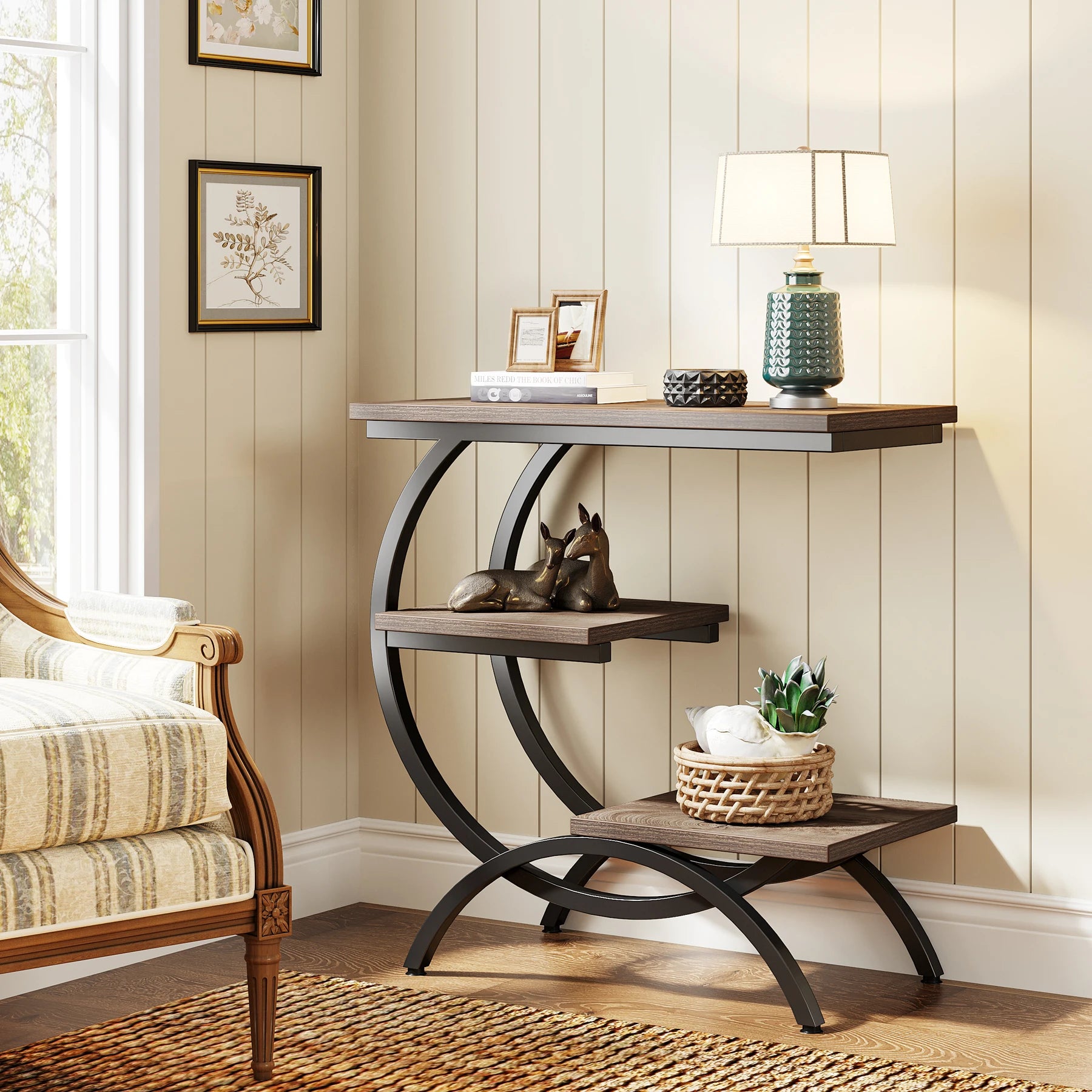 Tribesigns C-Shaped End Table, Industrial 3-Tier Small Table for Couch, Wood Bedside Table Snack Table with Storage Shelves