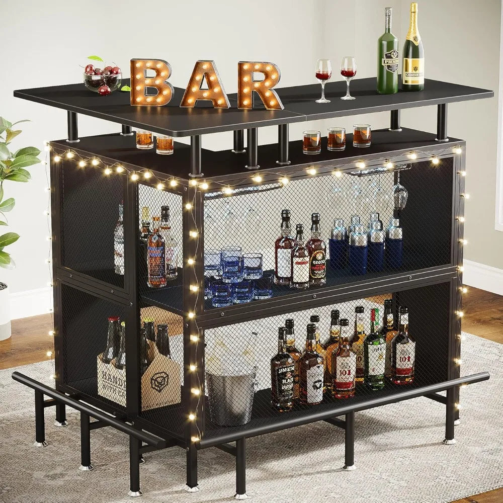 Home Bar Unit, L-Shaped Bar Table with Stemware Racks and 2-Tier Shelves, Corner Mini Coffee Liquor Cabinet with Footrest
