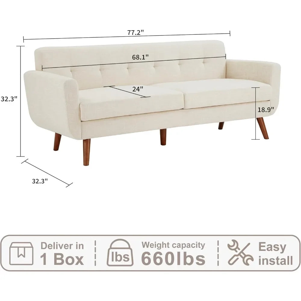 The New-77.2" W Linen Sofa Couch, Mid Century Modern Decor Loveseat Couch For Living Room, Button Tufted Upholstered