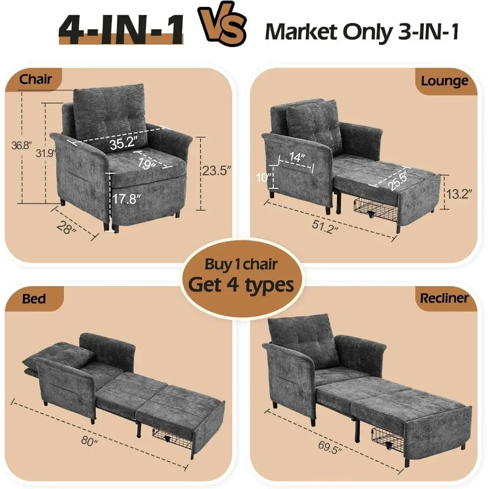 Adjustable Backrest Convertible Sleeper Chair Long Chair Bed 4-in-1 Pull out Lounge Chair 500 LBS Load Bearing Single Sofa