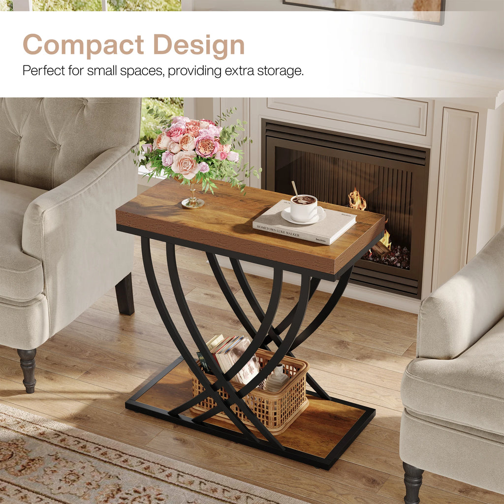 Tribesigns Side Table, 2-Tier Narrow End Table for Living Room, Industrial Nightstand with Metal Frame, Small Bedside Tables for