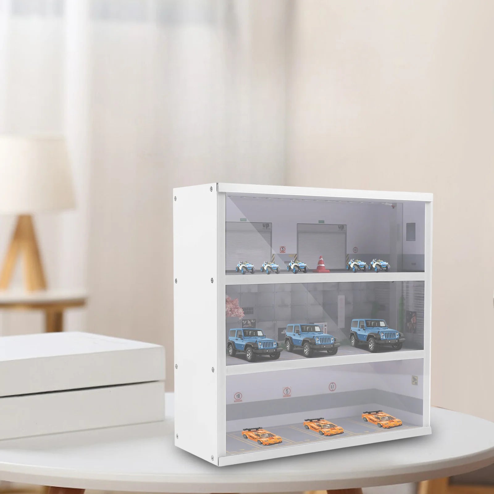 1:64 Simulation Diorama Parking Lot Display Case, 3 Tier 16 Parking Spaces Model Car Display Case with LED Light, Car Parking Lot Model for Diecast Car Collection