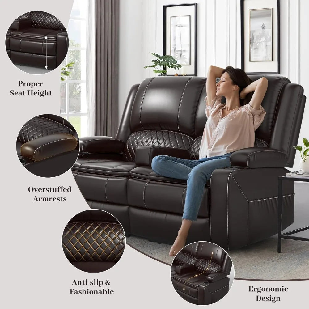 Adult Dual-Tier Faux Leather Reclining Loveseat with Detachable Armrest