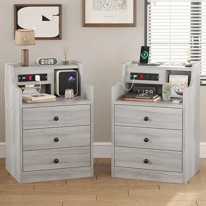 Nightstand Set 2,Gray with Charging Station & Hutch, Night Stands with Drawers