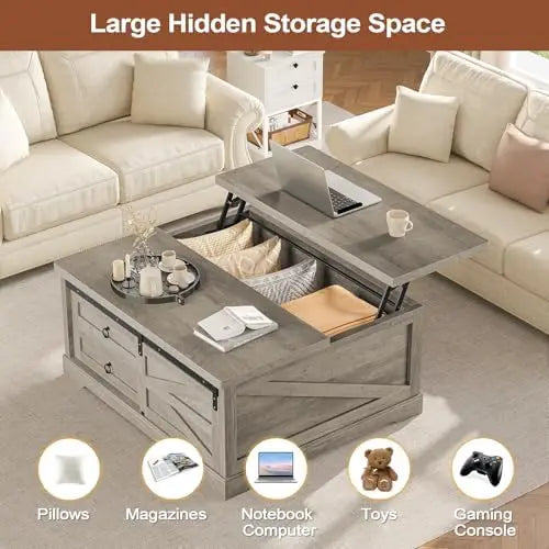Lift Top Coffee Table with Storage, Farmhouse Style, Gray