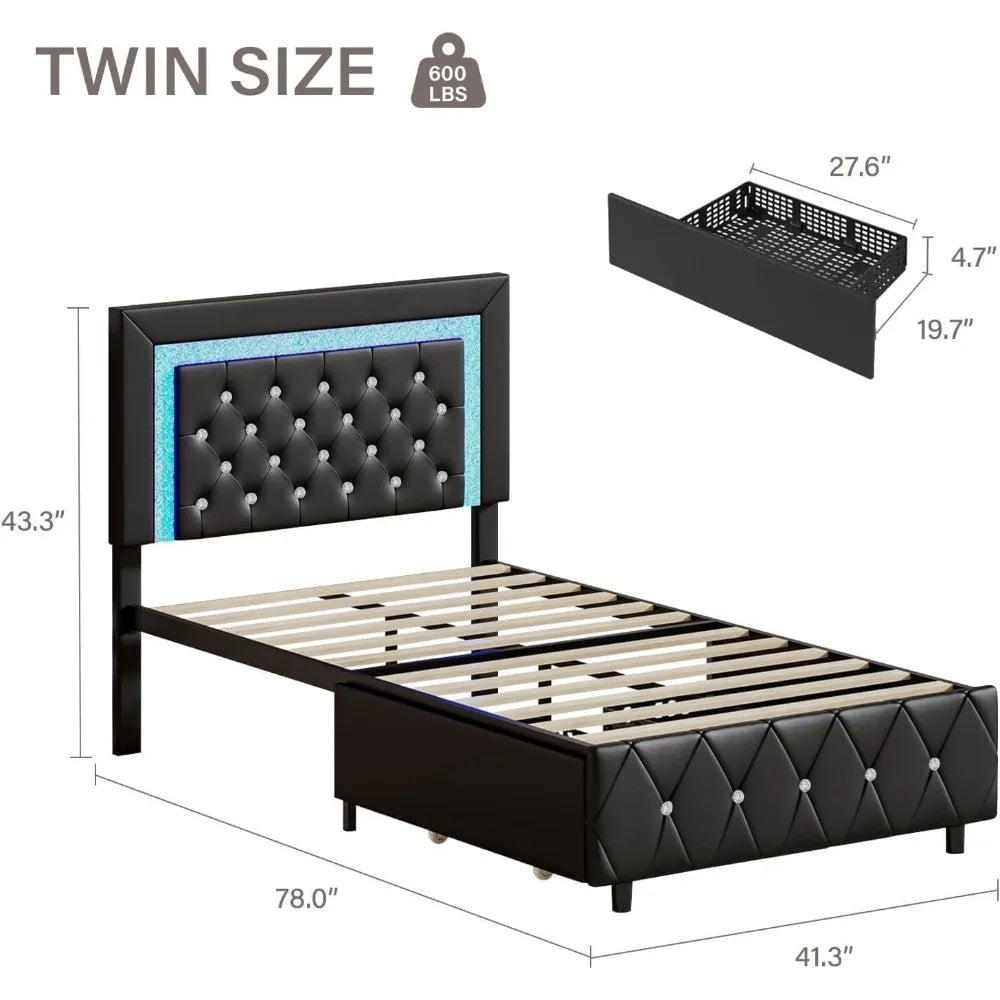 Twin Bed Frame with LED Lights and Storage Drawers, Upholstered Bed Frame with Diamond Headboard, Faux Leather Modern Platform
