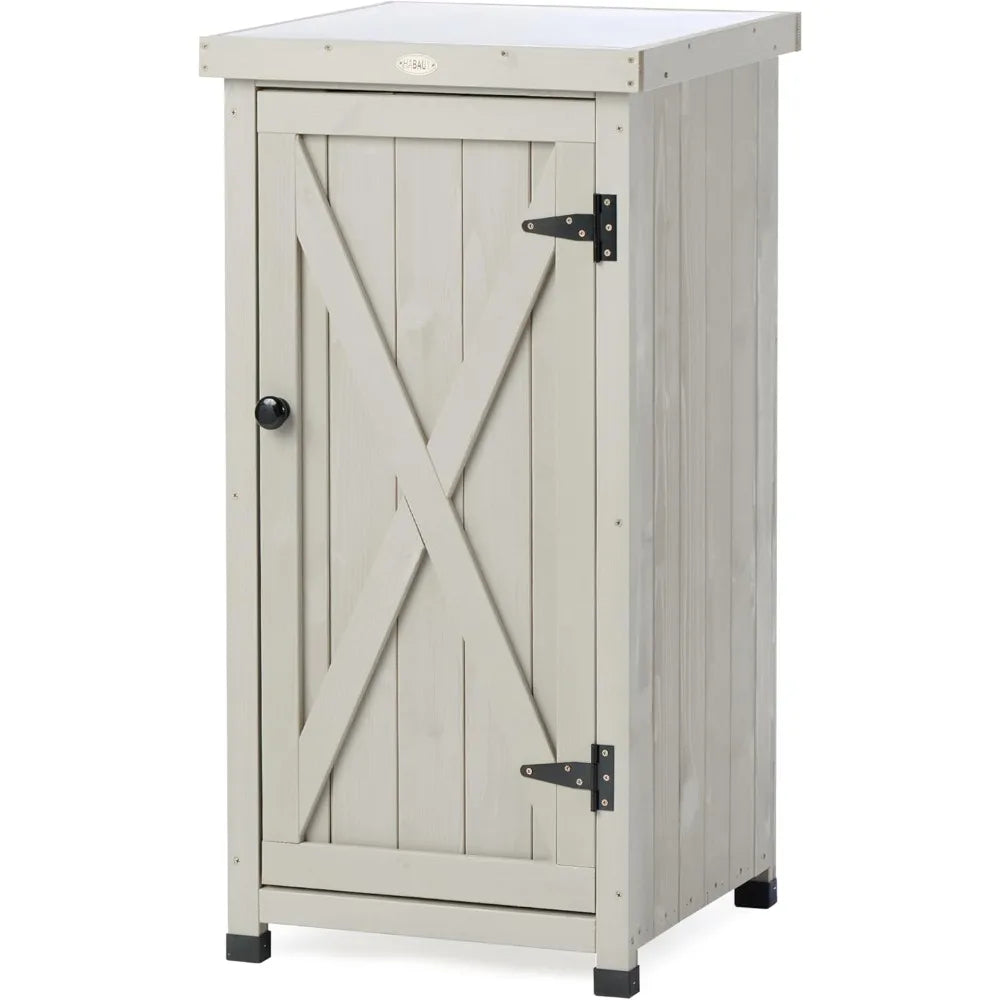 Outdoor Storage Cabinet for Patio, Garden Potting Bench Table with Shelves & Metal-Tabletop, Wooden Planting Work Station, Weather Proof