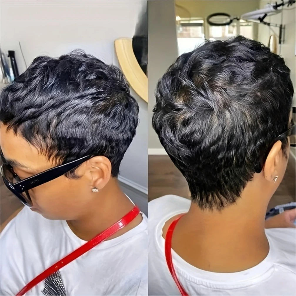 Curly Wave Wig 150% Density 4 Inch Pixie Cut Curly Wave Human Hair Wig for Women Full Machine Made Wig for Daily Wear and Party