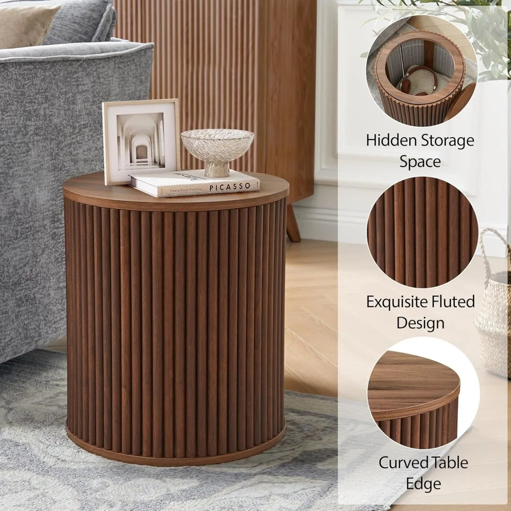Pair of Mid-Century Modern Round Fluted Side Tables, 15.7 Wooden Nightstands with Storage for Bedside Use