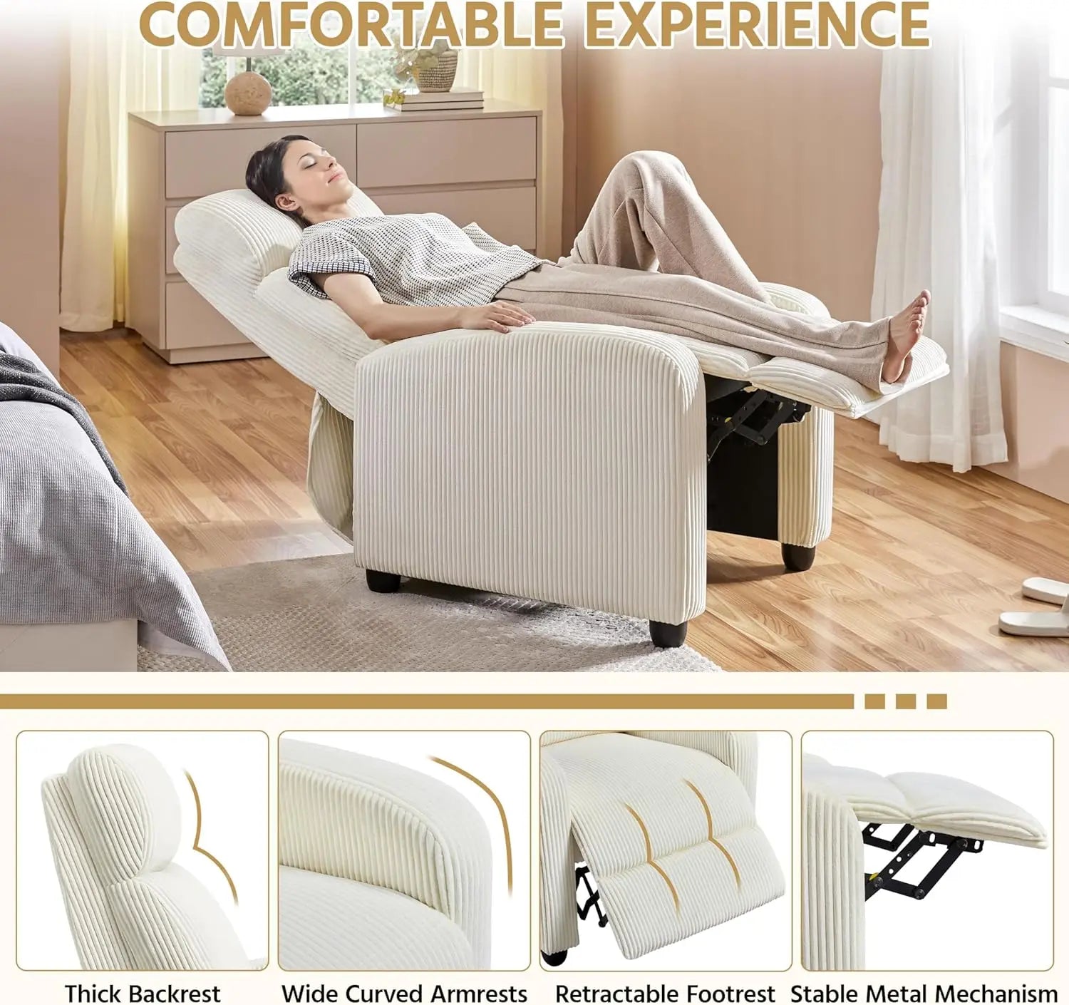 Corduroy Recliner Chair Single Sofa Home Theater Seating Adjustable Modern Reclining Chair for Living Room Bedroom Home Theater