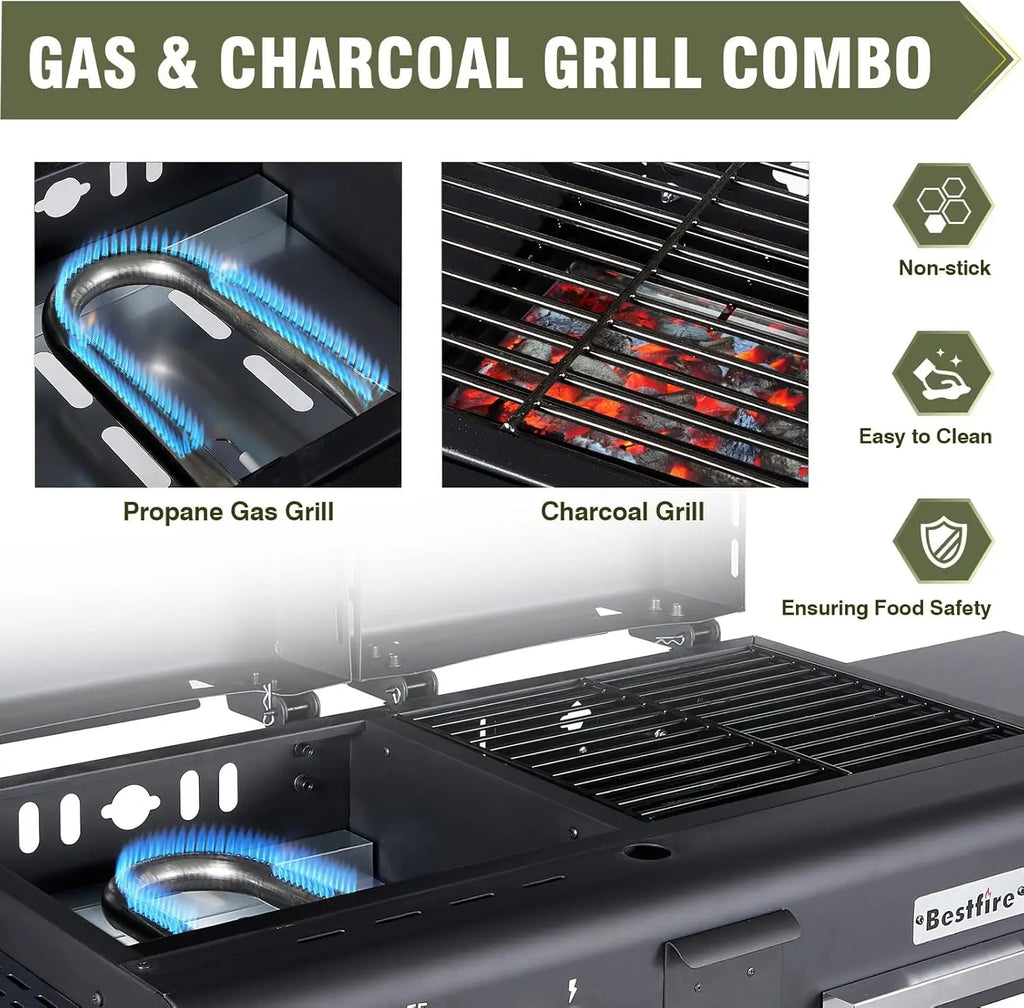 Dual Fuel Propane Gas Charcoal Grill Combo Black Dual Lids, Flat Top Grill With 2 Side Shelves for BBQ, Outdoor and Backyard