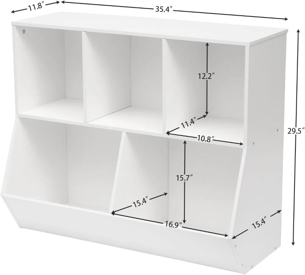 Kids Bookshelf Toy Storage Organizer, 5-Cubby Bookcase with Footboard, White Children's Furniture