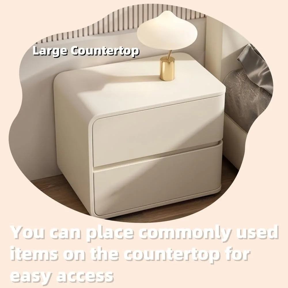 Minimalist Bedside Table - Wood Nightstand with 2 Drawers & Leather Storage - Multifunctional Side Table for Bedroom & Living