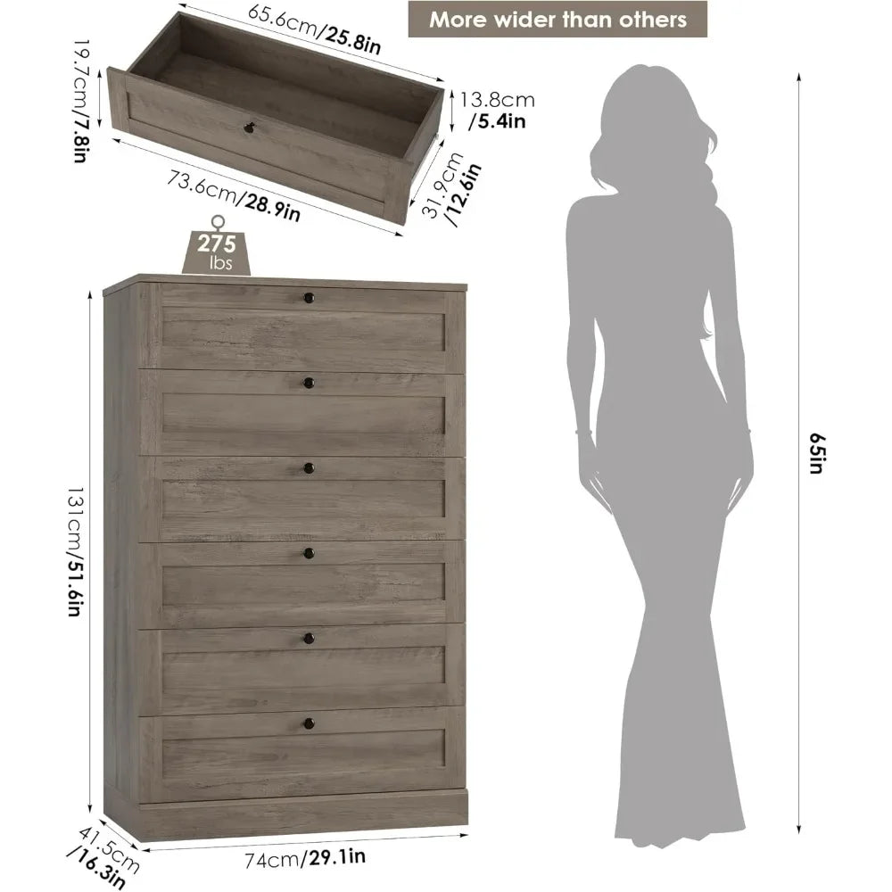 6 Drawer Dresser for Bedroom, 52" Tall Dresser & Chest of Drawers, 29" W Wood Drawer Chest, Modern Vertical Storage Cabinet