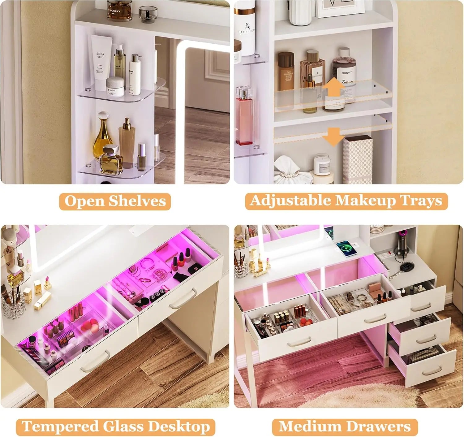 Vanity Desk with Mirror and LED Lights, 43" Makeup Vanity with Glass Top & Wireless Charging, Vanity with RGB Drawers