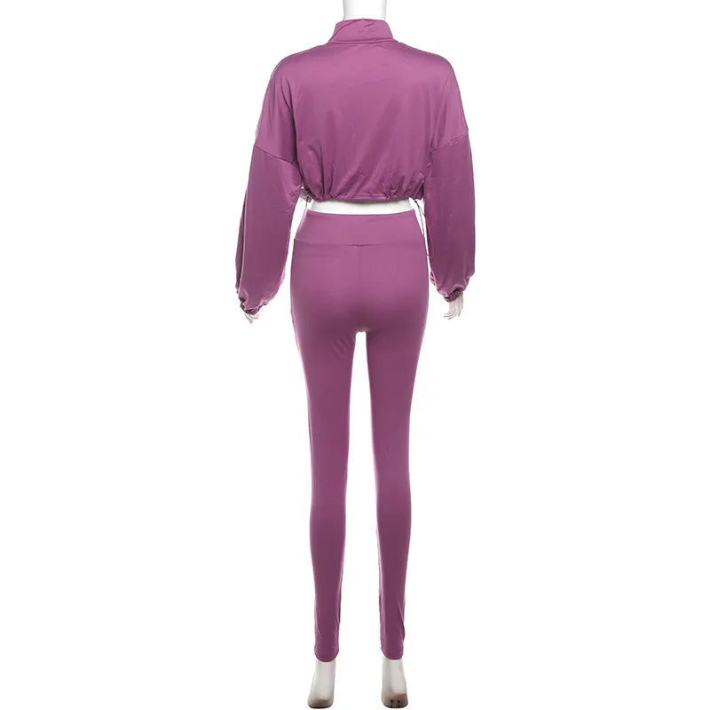 XTOCEAN Autumn Casual Women 2 Piece Set Classic Solid Long Sleeve Drawstring Zip-up Coats + Slim Pants, Female Basic Sporty Outfits