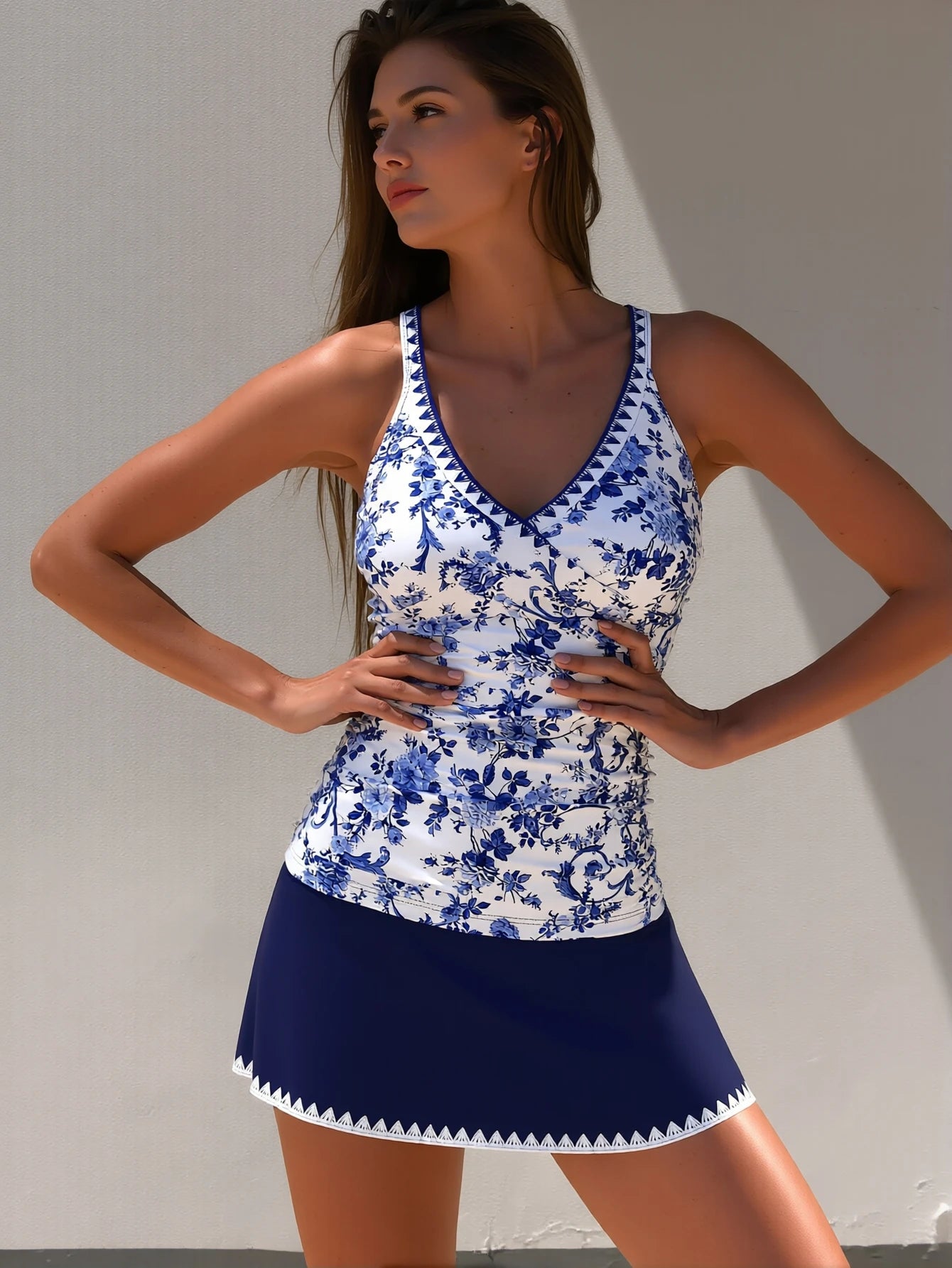 Women's 2 Piece Tankini Swimsuit Blue Floral Print Tummy Control Criss Cross Back Swim Skirt Modest Bathing Suit