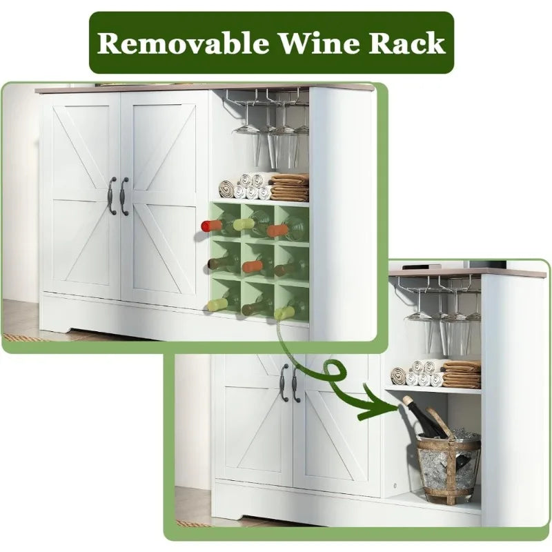 Kitchen Pantry Cabinet with Sliding Doors/ Microwave Storage/ Coffee Bar/ Adjustable Shelves/ Wine Rack/ Cup Hooks/ Farmhouse