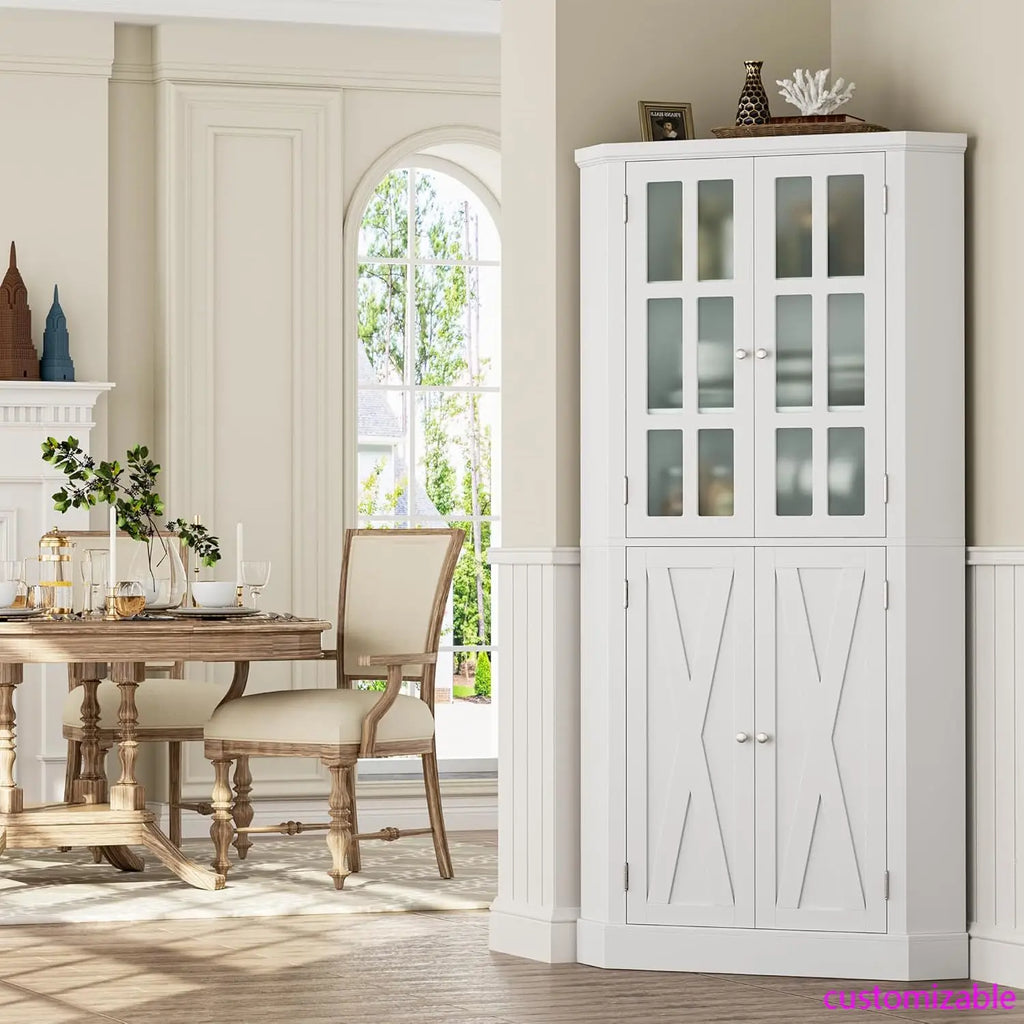 67" Corner Cabinet, Corner Kitchen Pantry with Doors, Farmhouse Kitchen Cabinet with 6 Storage Shelves, Space Saver
