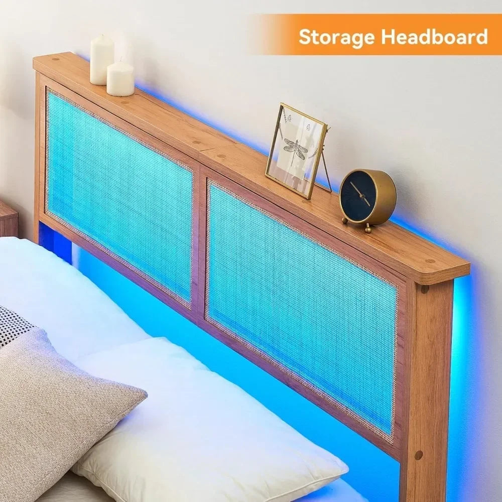 Rattan Bed Frame Queen with Natural Rattan Headboard, Queen Bed Frame with LED Lights, with Headboard, Solid