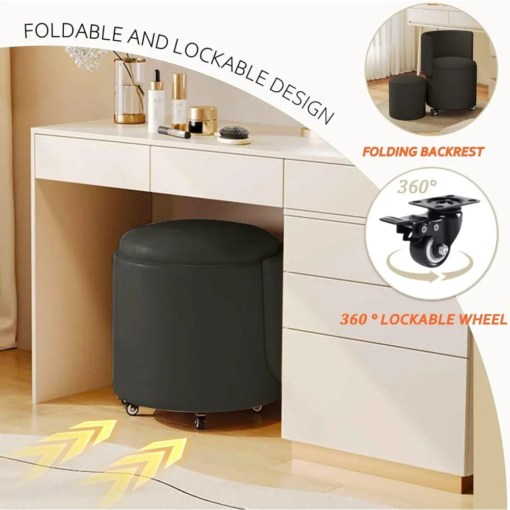 Round Vanity Chair with Storage, Rolling PU Leather Swivel  Makeup Stool Chair with Folding Back, Upholstered Ottoman