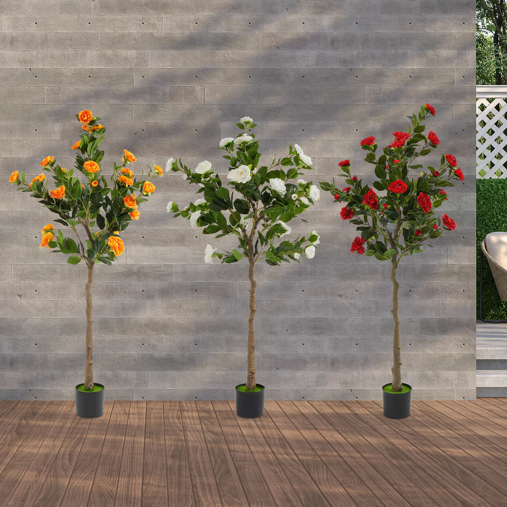 Potted Faux Camellia Plant with Red Flowers, Artificial Camellia Tree, Home Decor, Lifelike Fake Floral Tree for Patio & Office