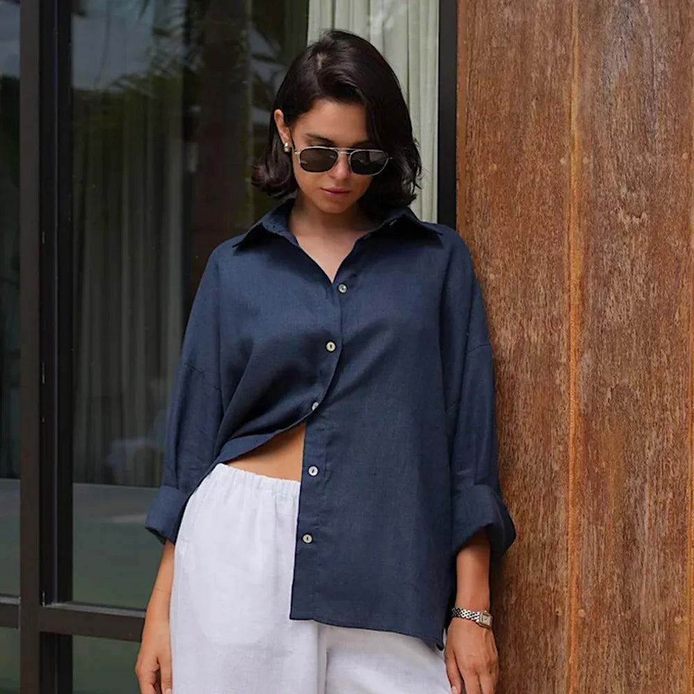 100% Cotton Spring Summer Versatile Lazy Casual Shirt Women's Fashionable Solid Color Loose Shirt Cardigan Shirt