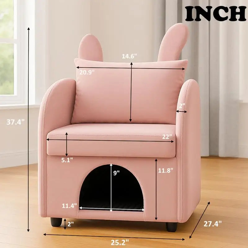 Pet-Friendly Velvet Pink Bunny-Ear Armchair with Cat & Dog Hideaway, Plush Dual-Use Chair with Side Pocket, 27.4 x 25.2 x 37.4