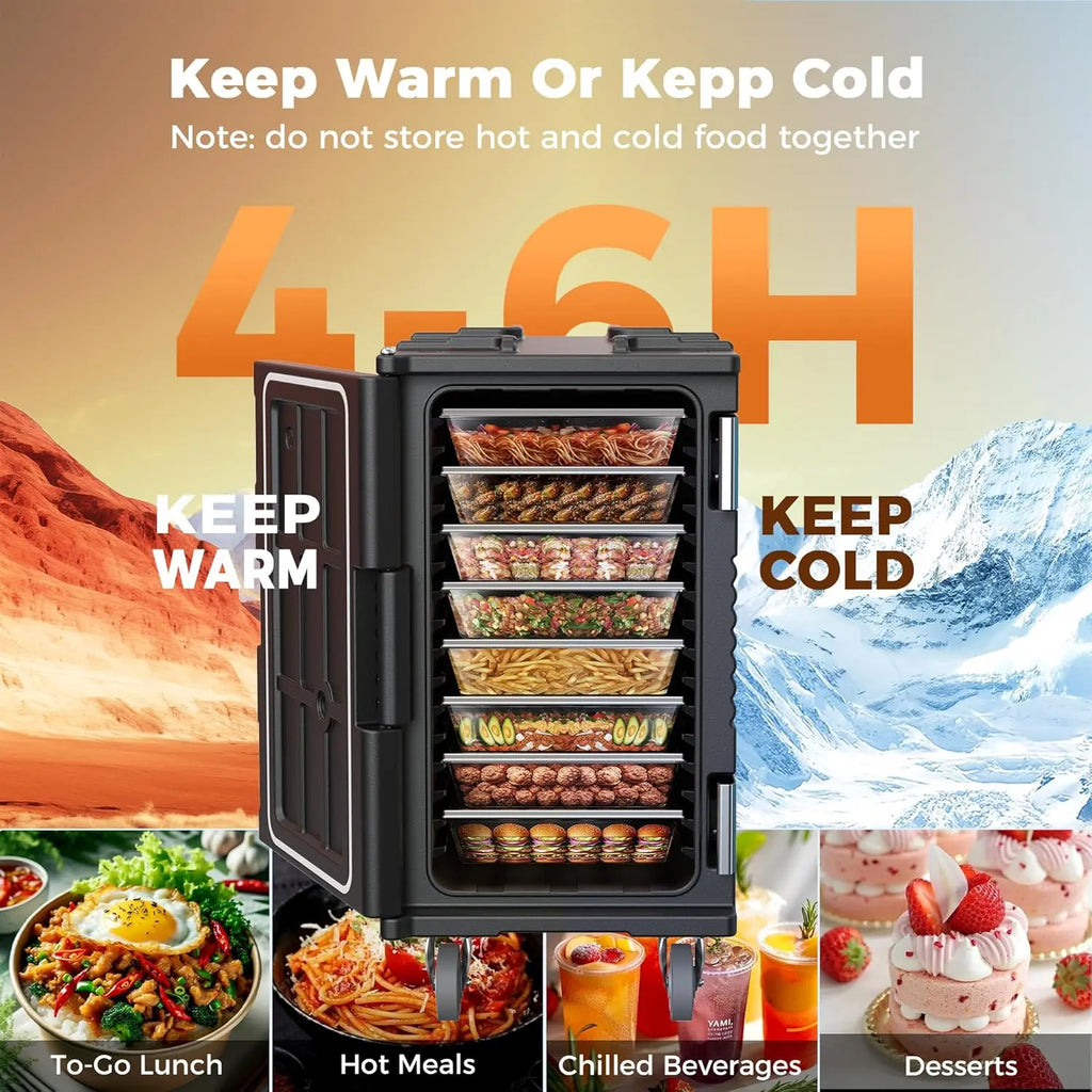 127QT Insulated Food Carrier with Swivel Casters, Stainless Steel Latch and Door Shaft, Suitable for 8 Full-Size Trays