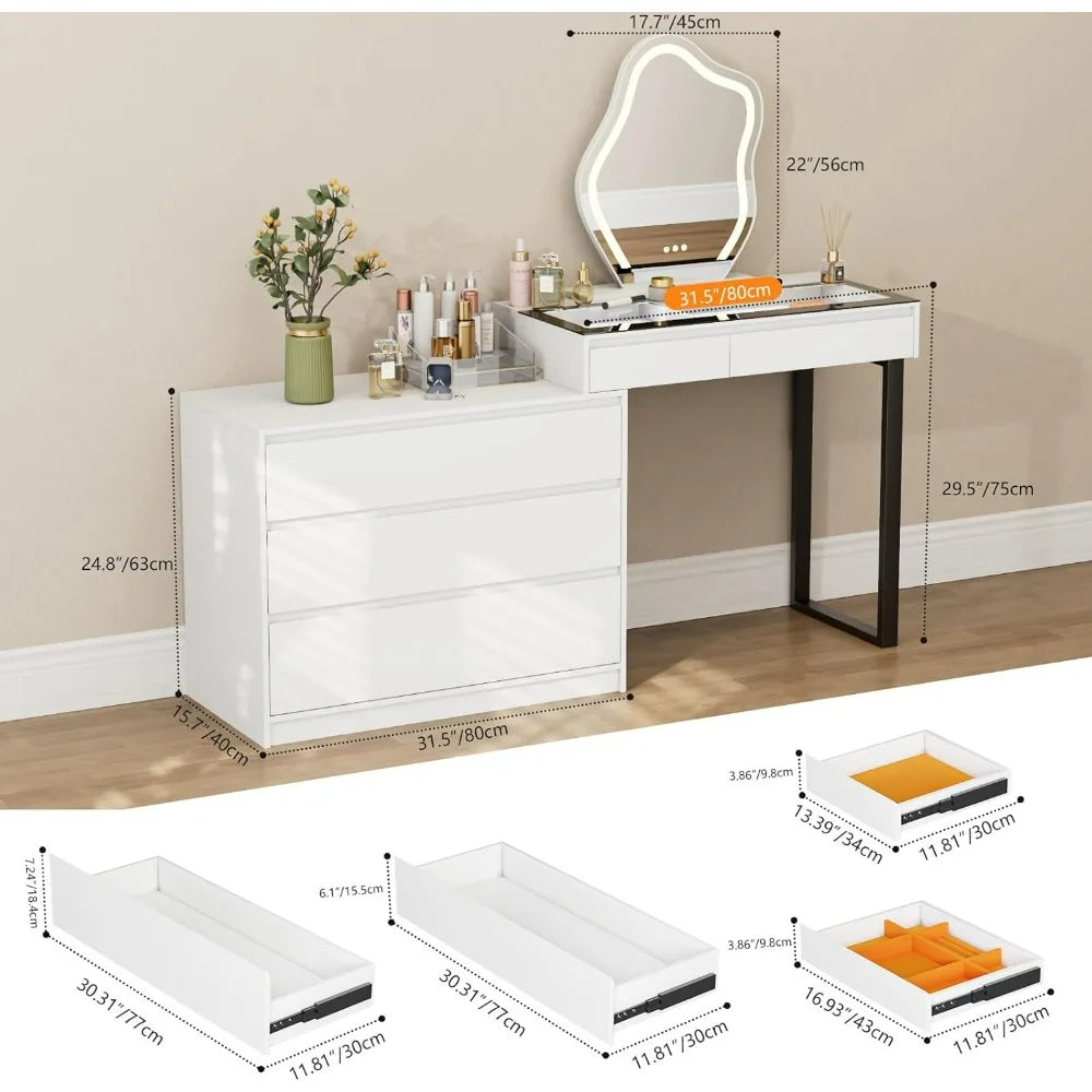 Modern L-Shaped Corner Vanity Desk with Glass Top, Mirror, and Lighting, 58-Inch Large Dressing Table with Two Drawers