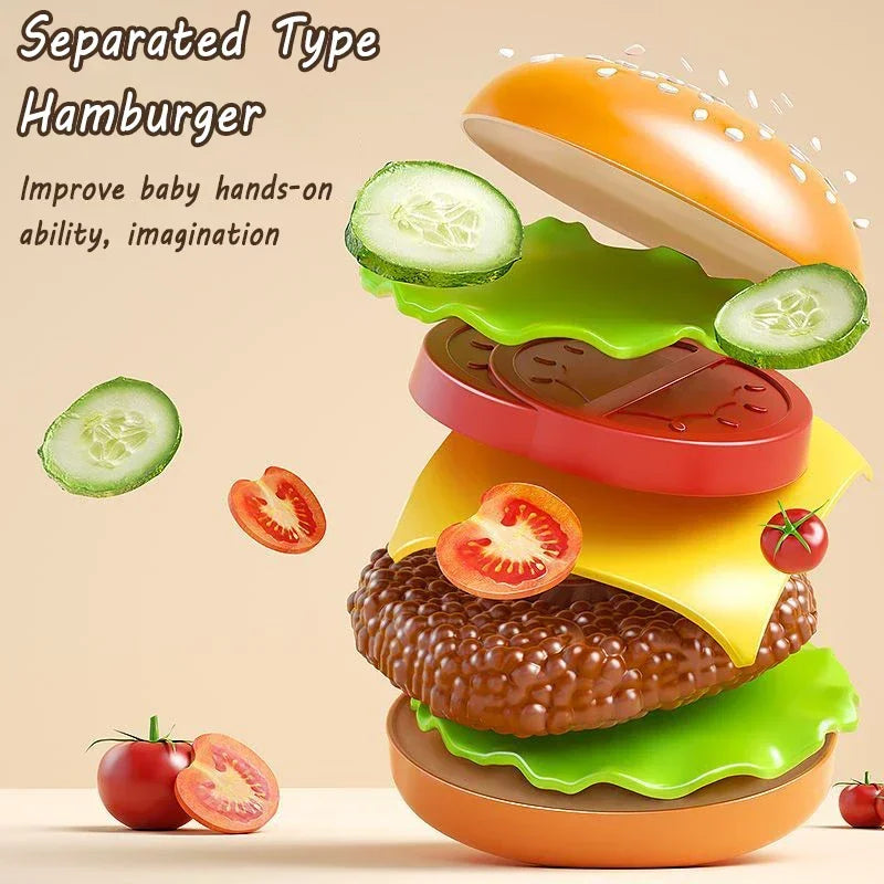 Kid Kitchen Toy Set /Simulation/ Make Hamburgers, Pizza, Fries, Pretend Play Food Cooking/ Cutting Game/ Montessori Interactive Toy Gift