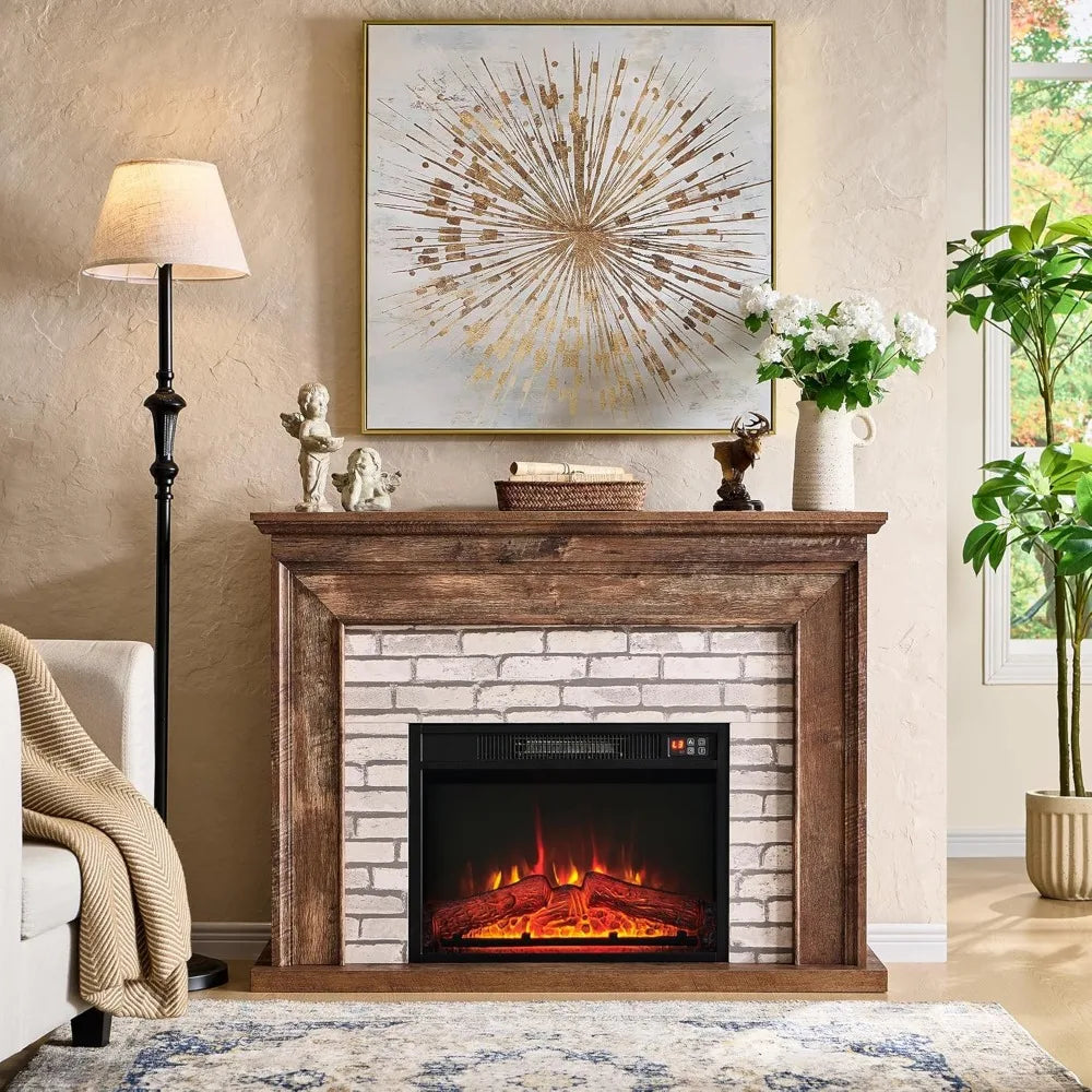 45" Flip Top Electric Fireplace with Mantel, Electric Fireplace Heater, TV Stand with Freestanding Electric Fireplaces, Remote Control