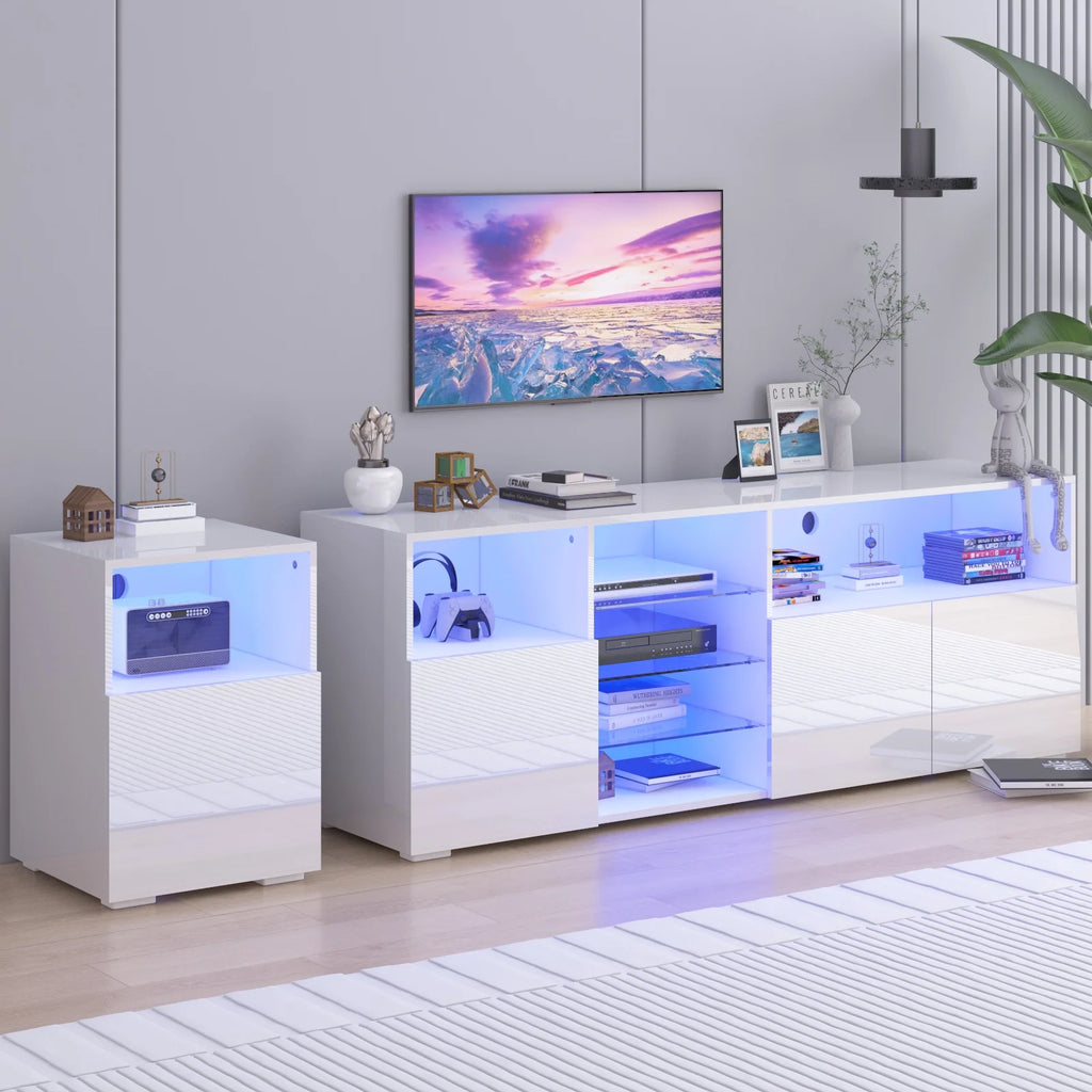 79" LED TV Stand for 75/80/85" TV,  High Gloss TV Cabinet w/Adjustable Storage Shelf, Modern Entertainment Center, White/Black