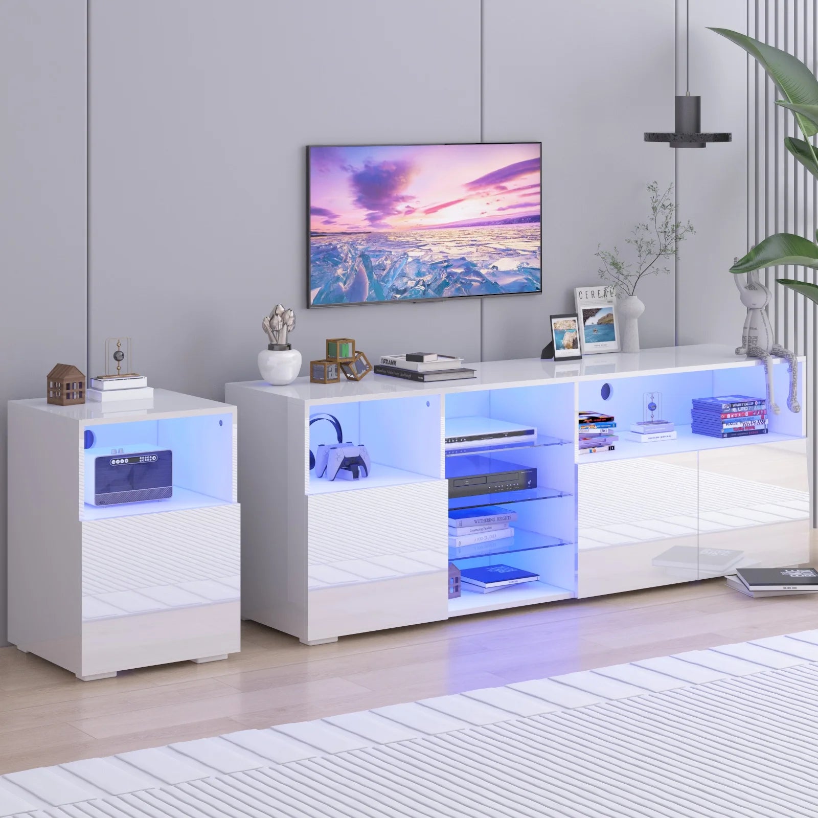 79" LED TV Stand for 75/80/85" TV,  High Gloss TV Cabinet w/Adjustable Storage Shelf, Modern Entertainment Center, White/Black