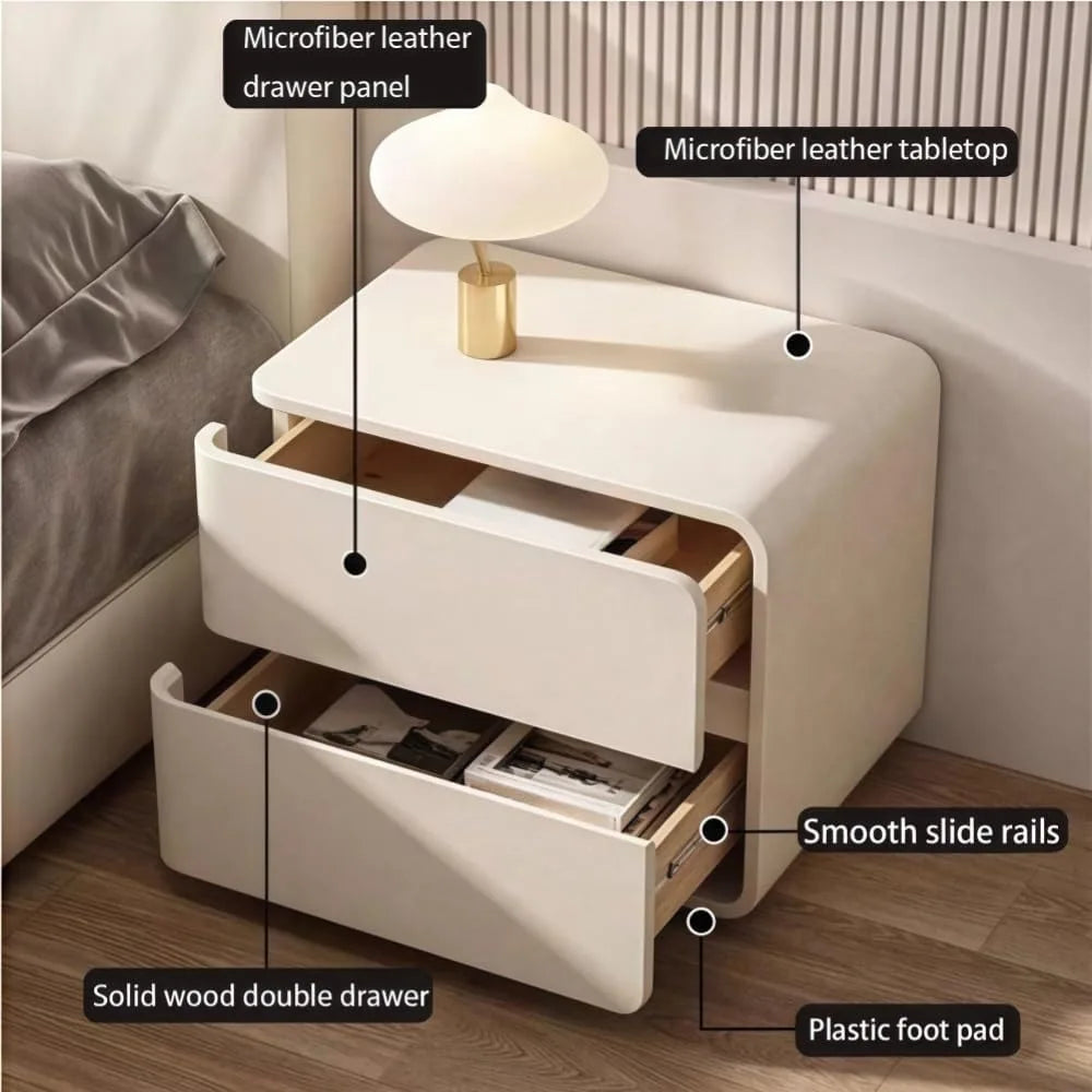 Minimalist Bedside Table - Wood Nightstand with 2 Drawers & Leather Storage - Multifunctional Side Table for Bedroom & Living
