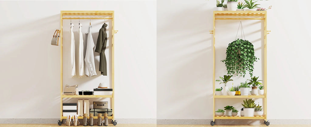 Bamboo Garment Coat Rack Clothes Hanging Rack Organizer with Wheels