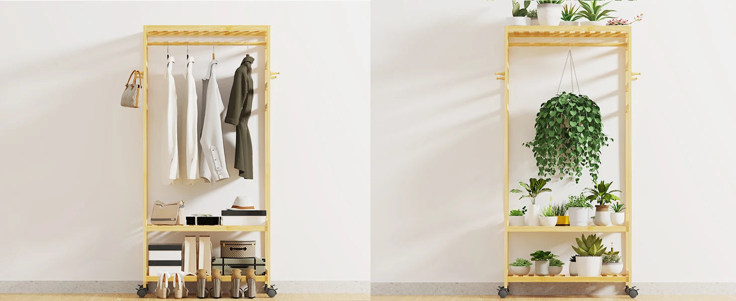 Bamboo Garment Coat Rack Clothes Hanging Rack Organizer with Wheels