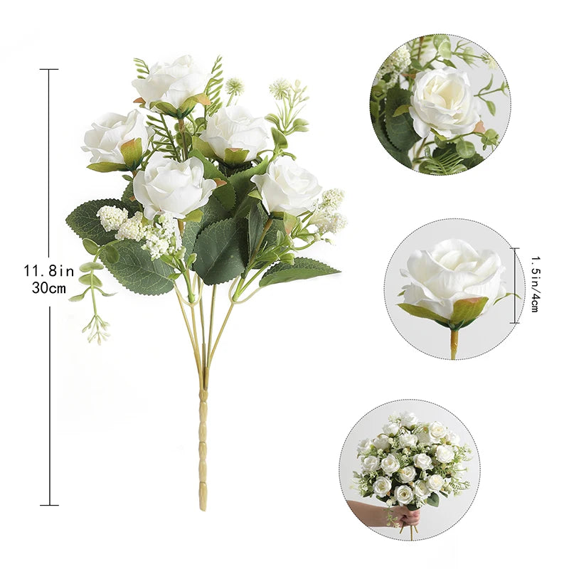 30cm Rose White Silk Bouquet/ Peony Artificial Flower/ 5 Big Head 4 Small Bud/ Wedding Brides/ Home Decoration Artificial Flower
