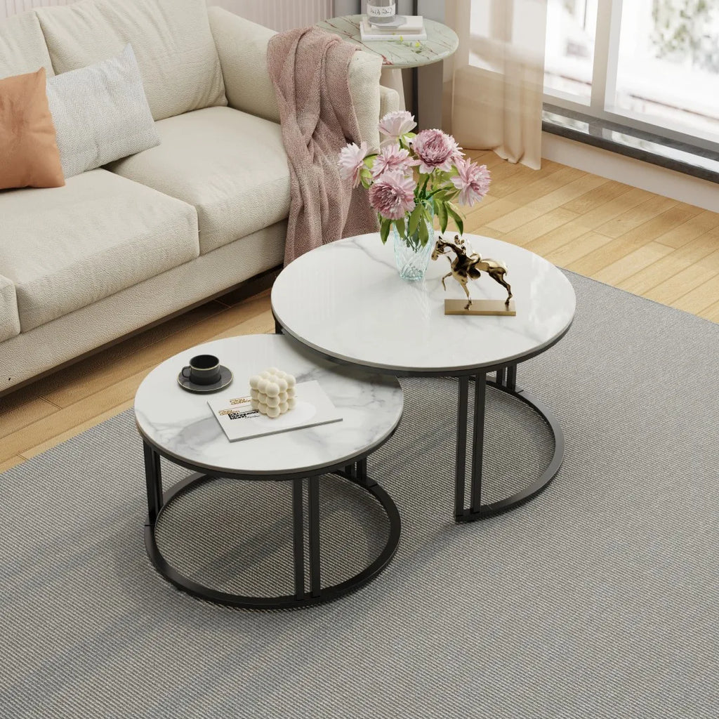 Small Living Room Furniture Table 2 Pack Round Marble Nesting Center Coffee Table Sofa Side Tea Desk Space-saving
