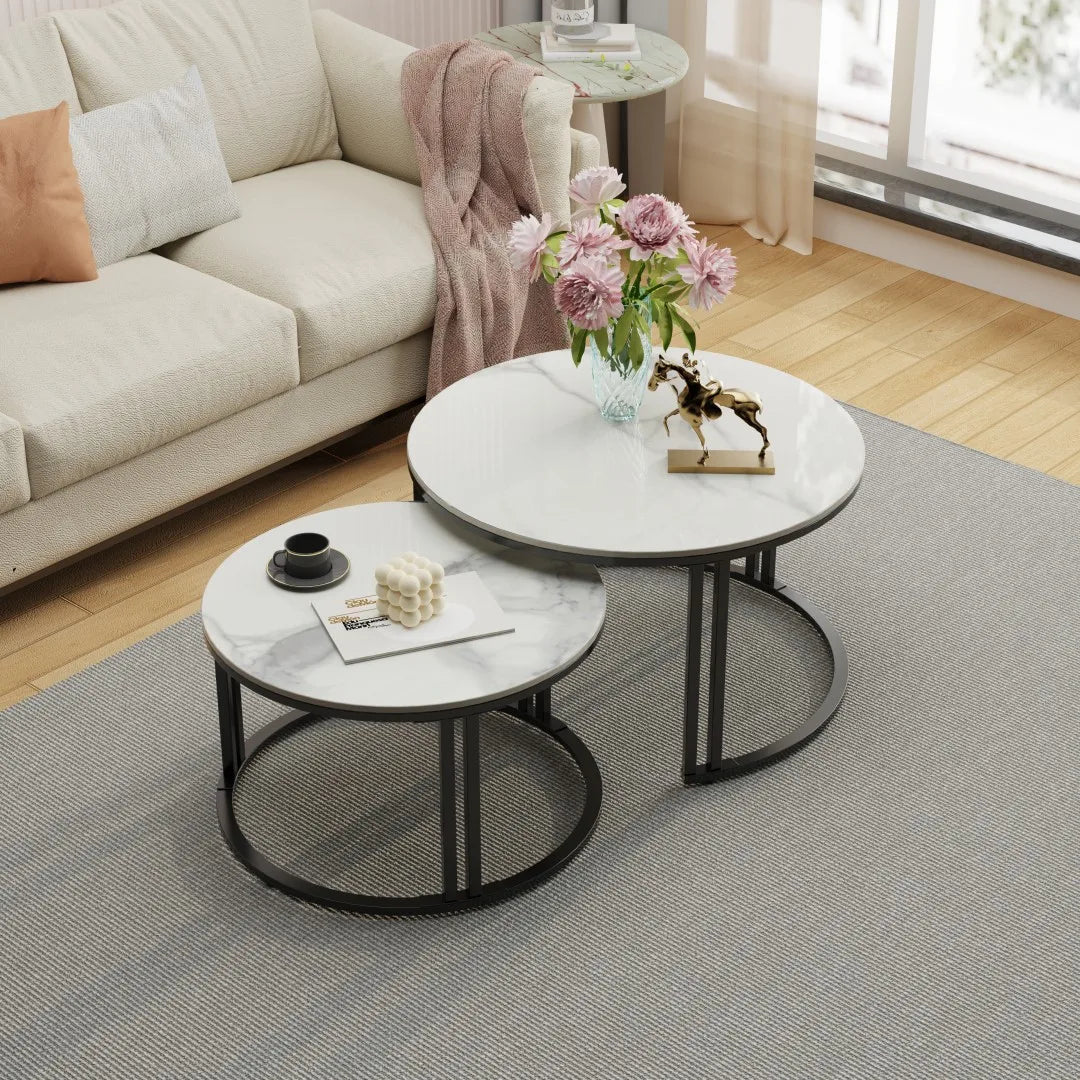 Small Living Room Furniture Table 2 Pack Round Marble Nesting Center Coffee Table Sofa Side Tea Desk Space-saving