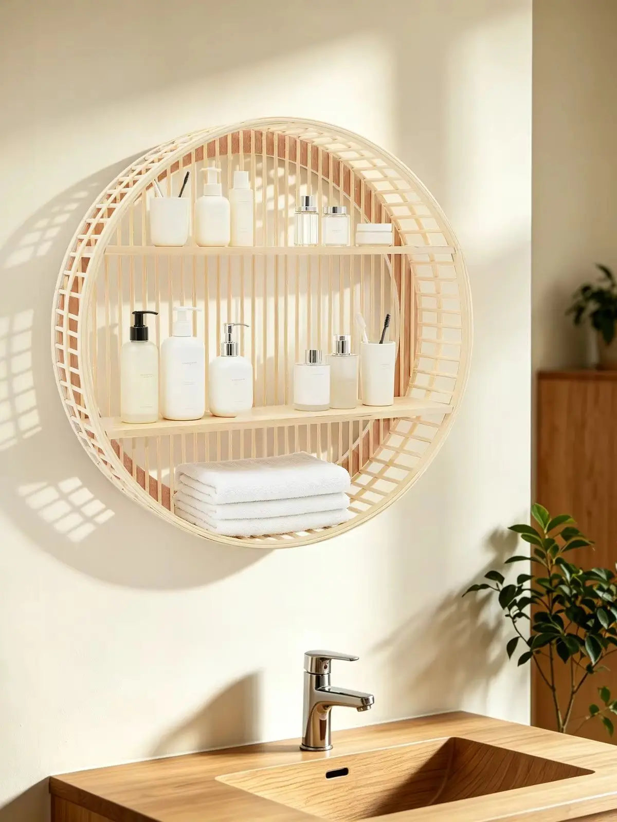 Round Wall Shelf 2 Tier Circle Wicker Hanging Shelf Display Storage Farmhouse Home Decorations or Dining Room/ Living Room/ Office/ Kitchen/Bathroom