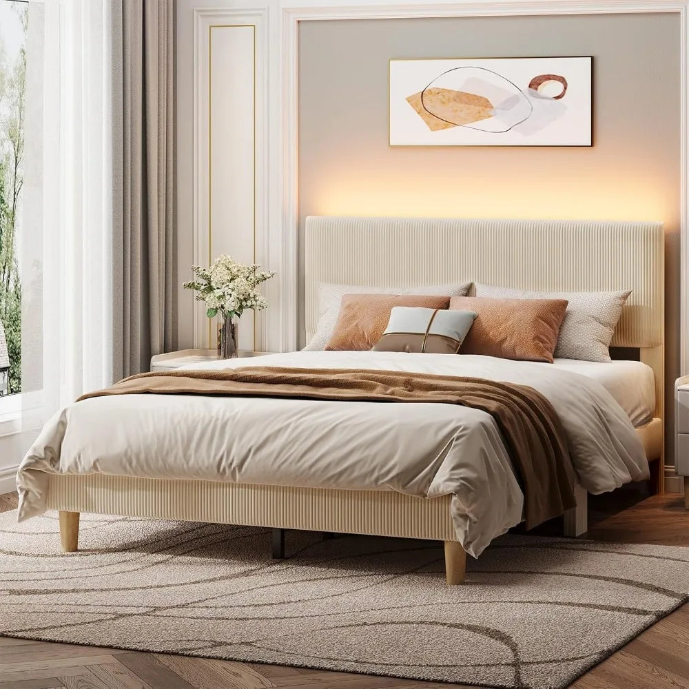 Queen Bed Frame with Adjustable Headboard, LED Lighting